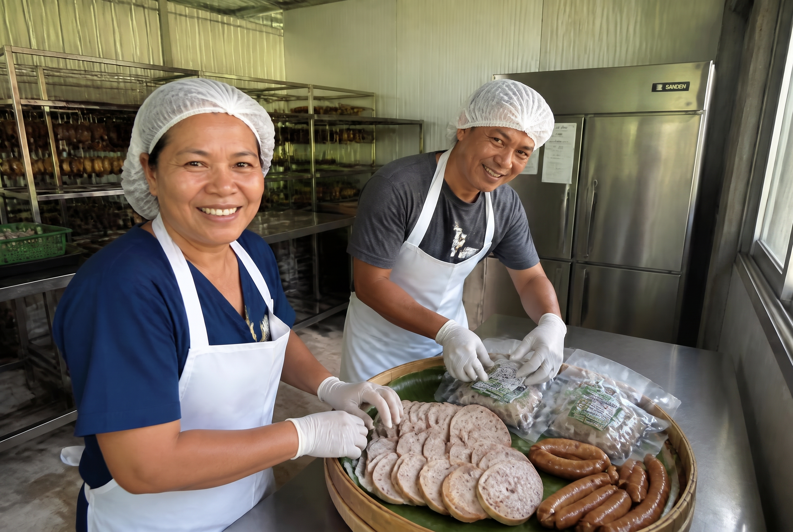 ทีมงานโรงงานหมูยอเฮียสิริชัย พร้อมสินค้าอาหารแปรรูปหลายแบรนด์